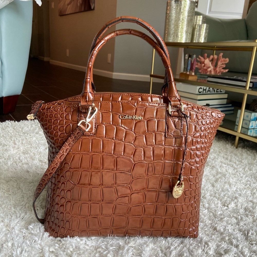 Calvin Klein Crocodile Leather Satchel - Color Oak